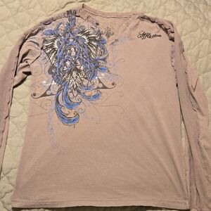 Affliction Men's Gray and Blue Artistic Long Sleeve Tee